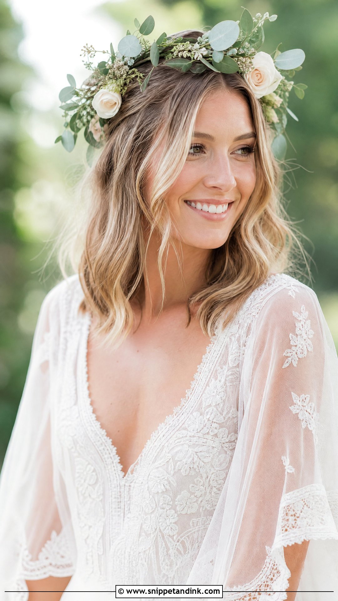 Long Bob With Flower Crown Wedding Hair - Snippet and Ink - 20 Long Bob Wedding Hair Ideas