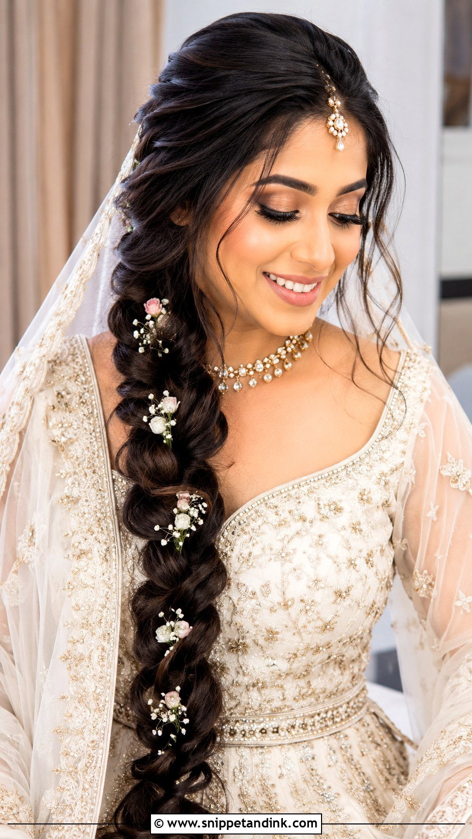 Long Braid Wedding Hairstyle With Floral Pins - Snippet and Ink - 15 Wedding Hairstyles with Hair Accessories