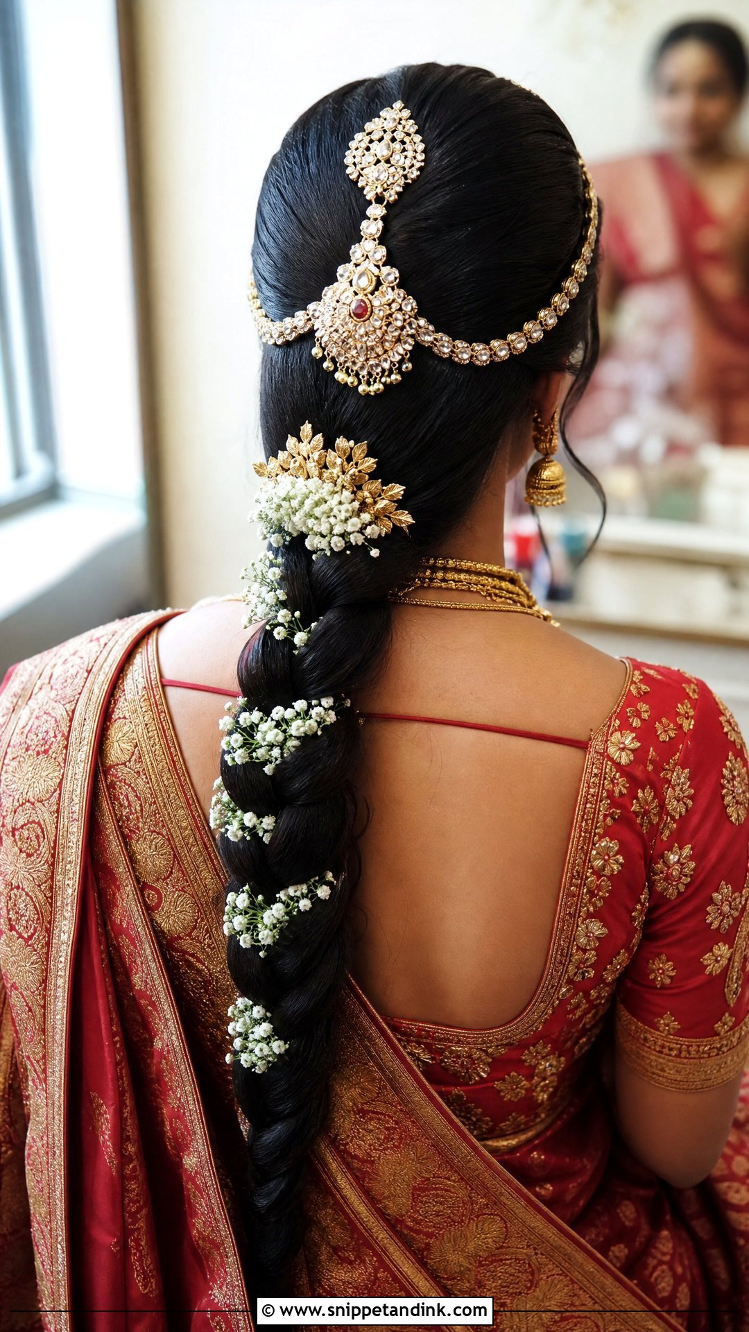 Long Bridal Braid With Matha Patti - Snippet and Ink - 15 Bridal Hairstyles with Matha Patti