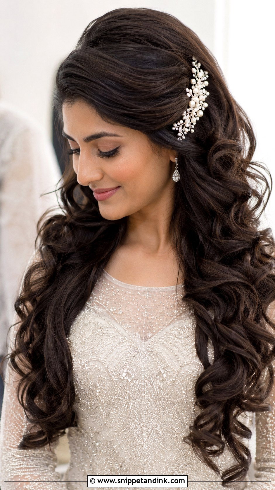 Long Bridal Curls With Side Barrette - Snippet and Ink - 15 Side Bridal Hair Clip Ideas