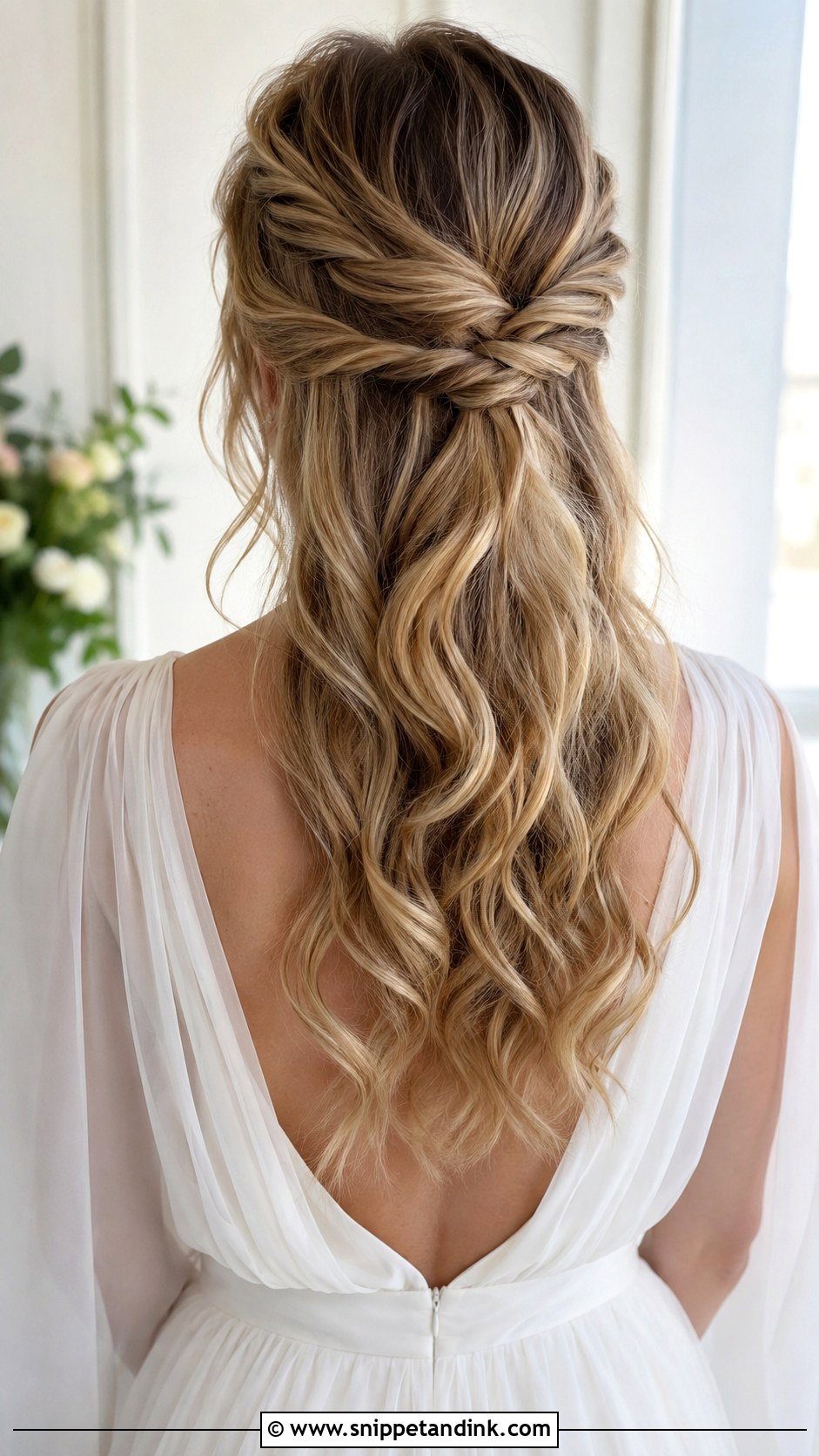 Long Bridal Half Up Half Down Twisted Crown - Snippet and Ink - 20 Long Bridal Hair Half-Up Half-Down Ideas