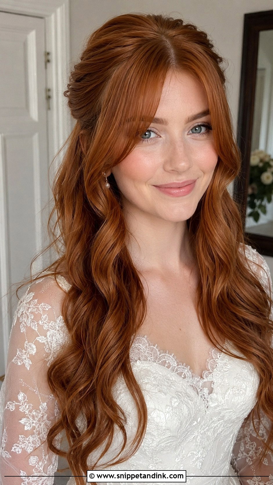 Long Bridal Half Up Half Down With Curtain Bangs - Snippet and Ink - 20 Long Bridal Hair Half-Up Half-Down Ideas