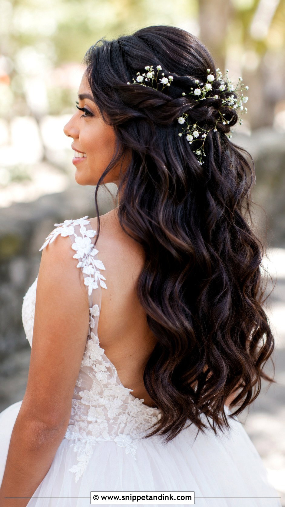 Long Bridal Half Up Half Down With Flowers - Snippet and Ink - 20 Long Bridal Hair Half-Up Half-Down Ideas