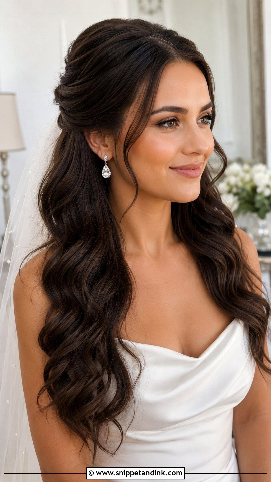 Long Bridal Half Up Half Down With Hollywood Waves - Snippet and Ink - 20 Long Bridal Hair Half-Up Half-Down Ideas
