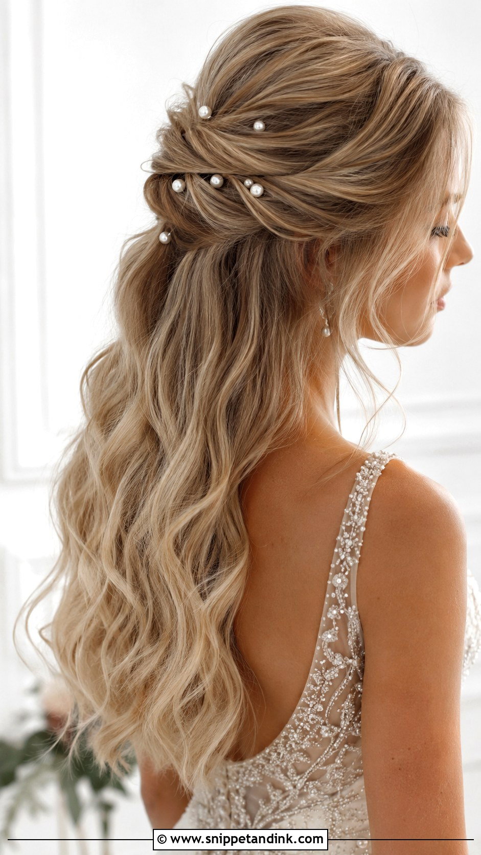 Long Bridal Half Up Half Down With Pearl Pins - Snippet and Ink - 20 Long Bridal Hair Half-Up Half-Down Ideas