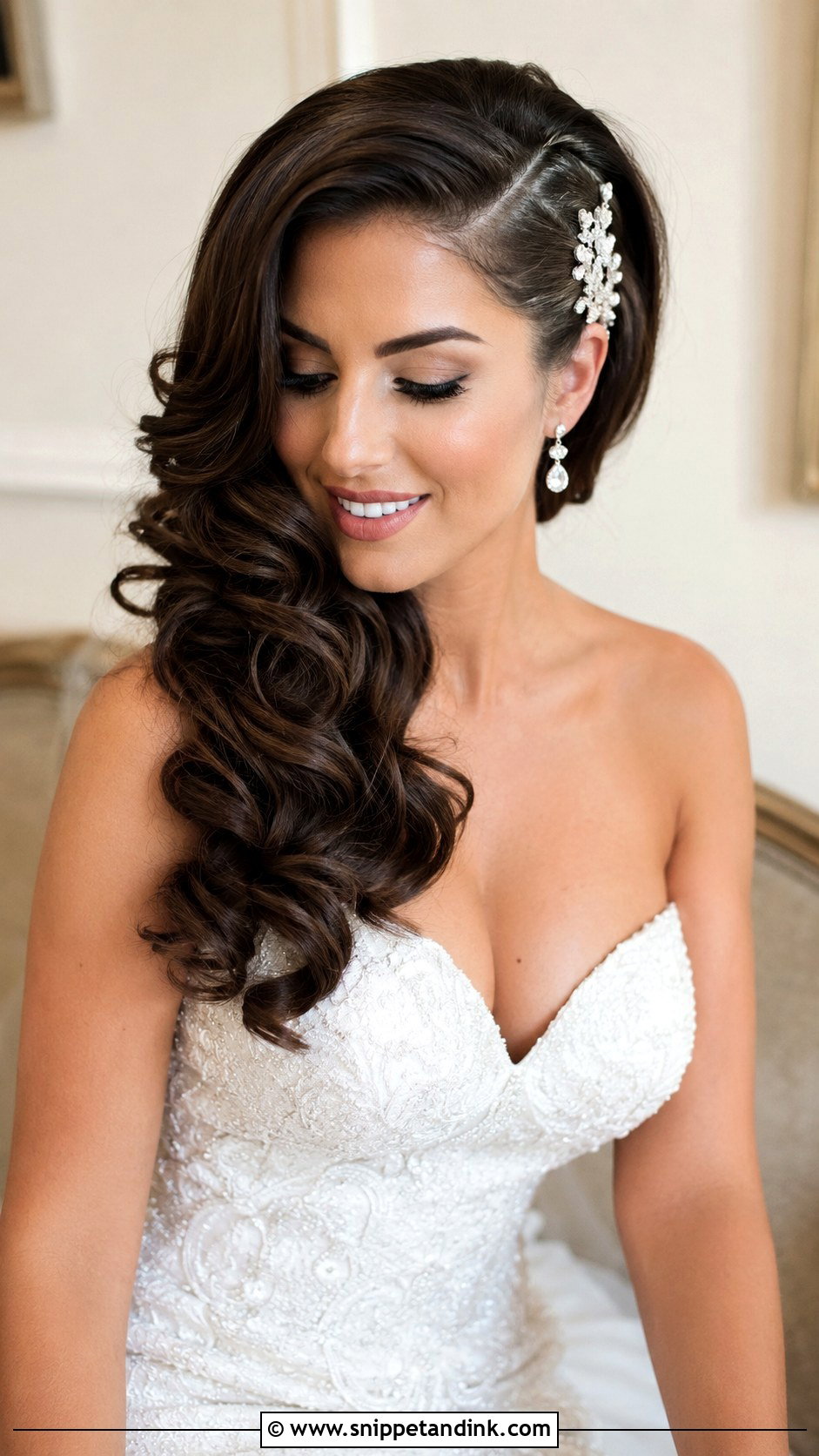 Long Bridal Side Swept Curls - Snippet and Ink - 20 Long Bride Hair Ideas