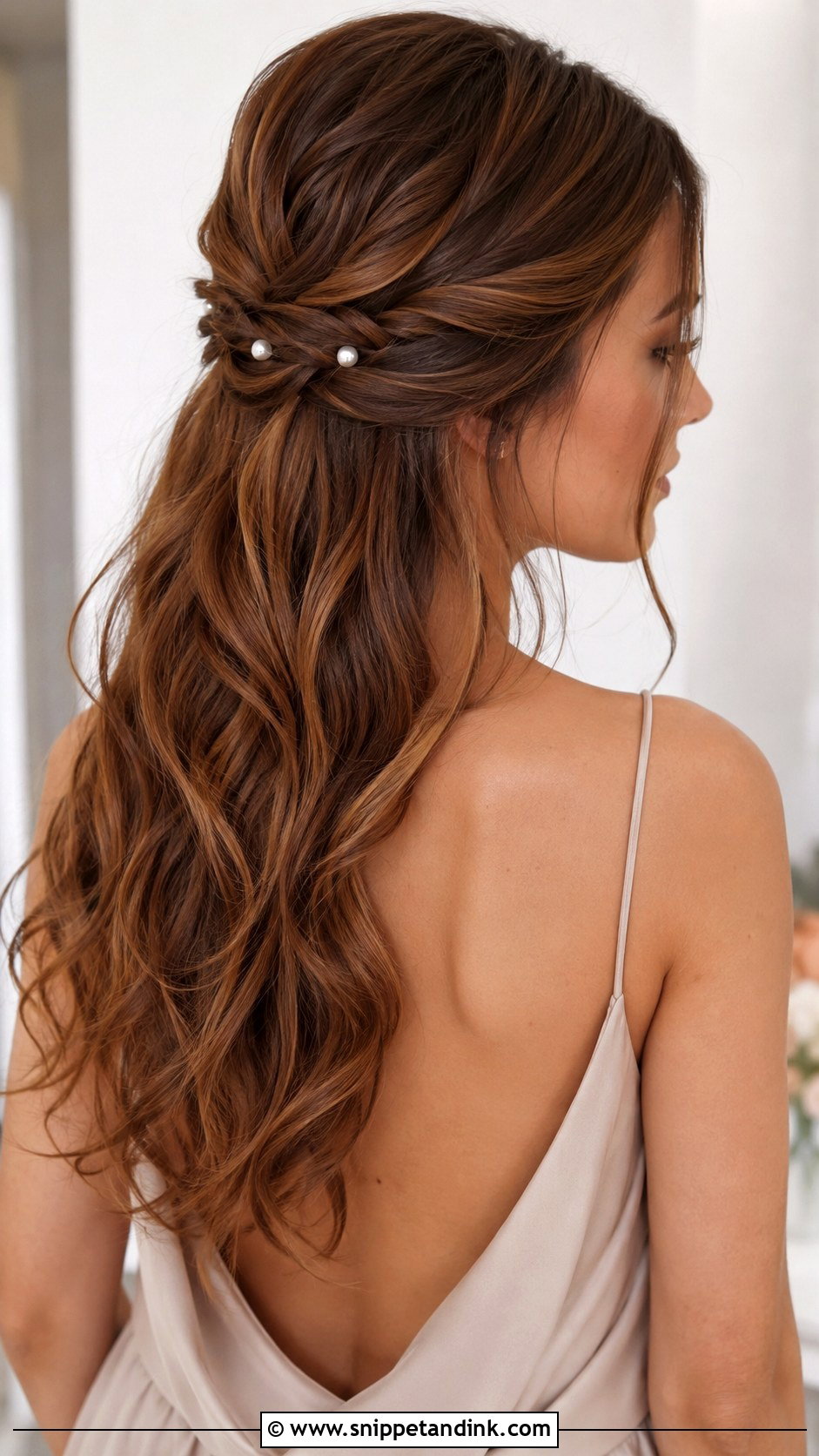 Long Bridesmaid Twisted Half Up Hair - Snippet and Ink - 20 Long Hair Styles for Wedding Bridesmaid