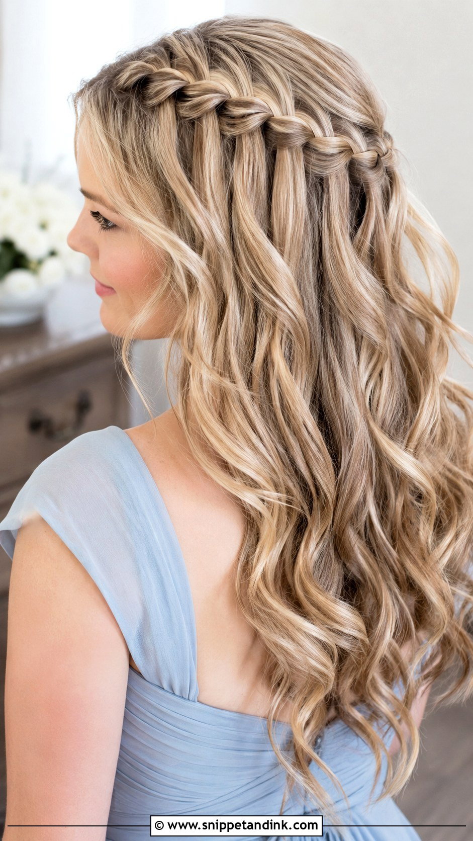 Long Bridesmaid Waterfall Braid - Snippet and Ink - 20 Long Hairstyles for Bridesmaids