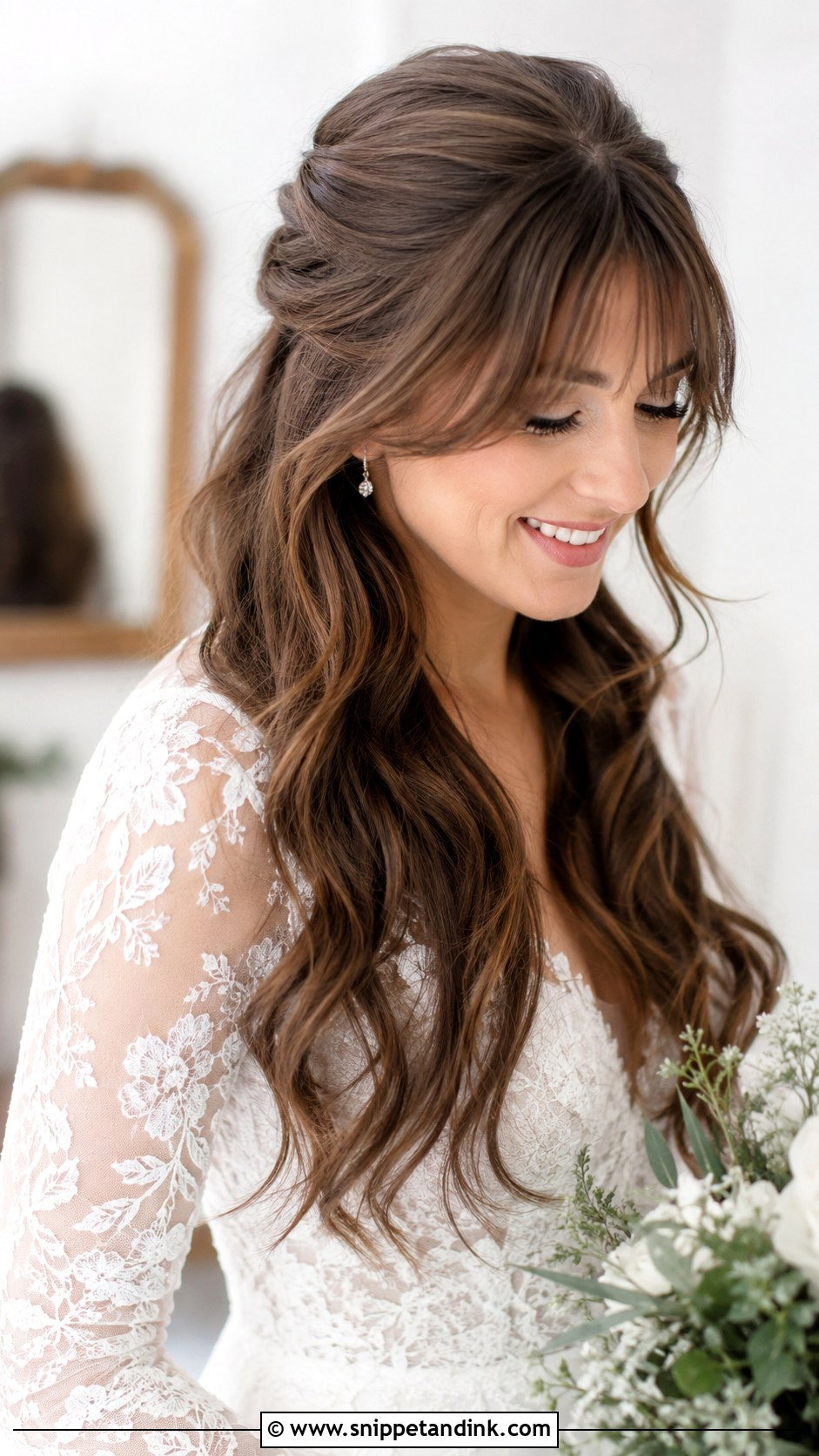 Long Brown Wedding Hair With Curtain Bangs - Snippet and Ink - 15 Long Brown Wedding Hair Ideas