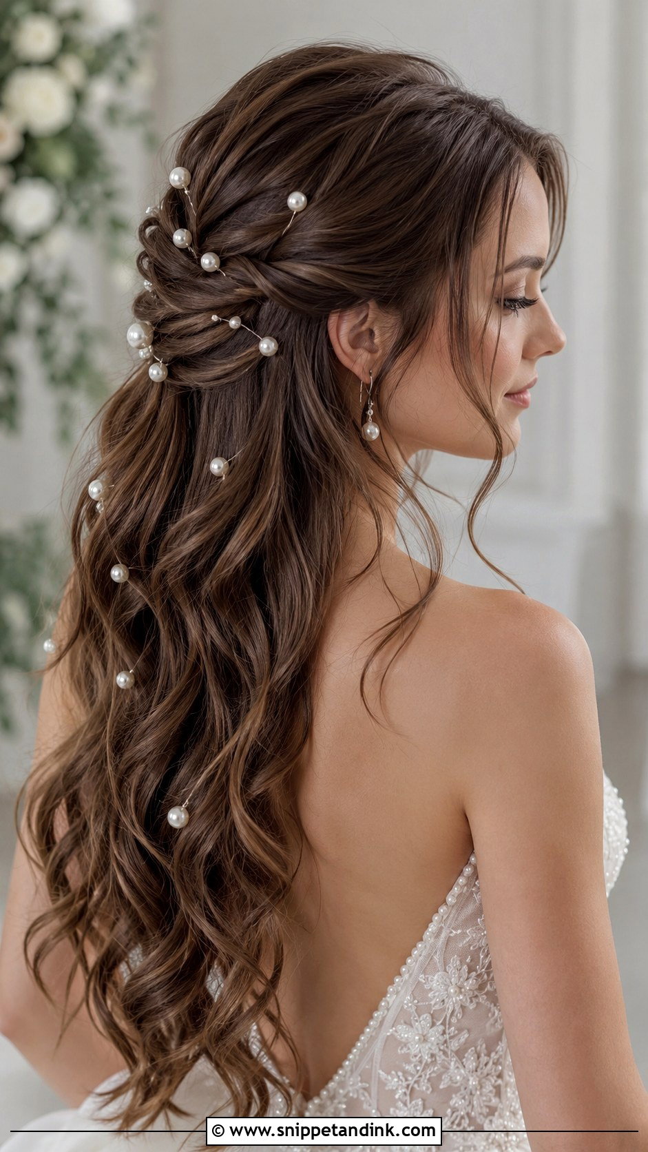 Long Brown Wedding Hair With Pearl Accessories - Snippet and Ink - 15 Long Brown Wedding Hair Ideas