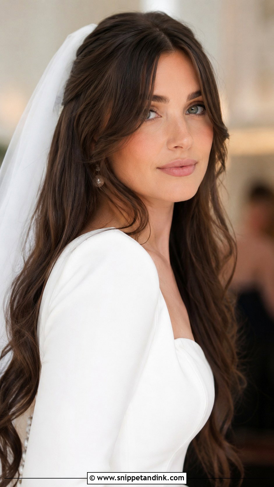 Long Brunette Bridal Hair Down With Curtain Bangs - Snippet and Ink - 15 Long Brunette Bridal Hair Down Ideas