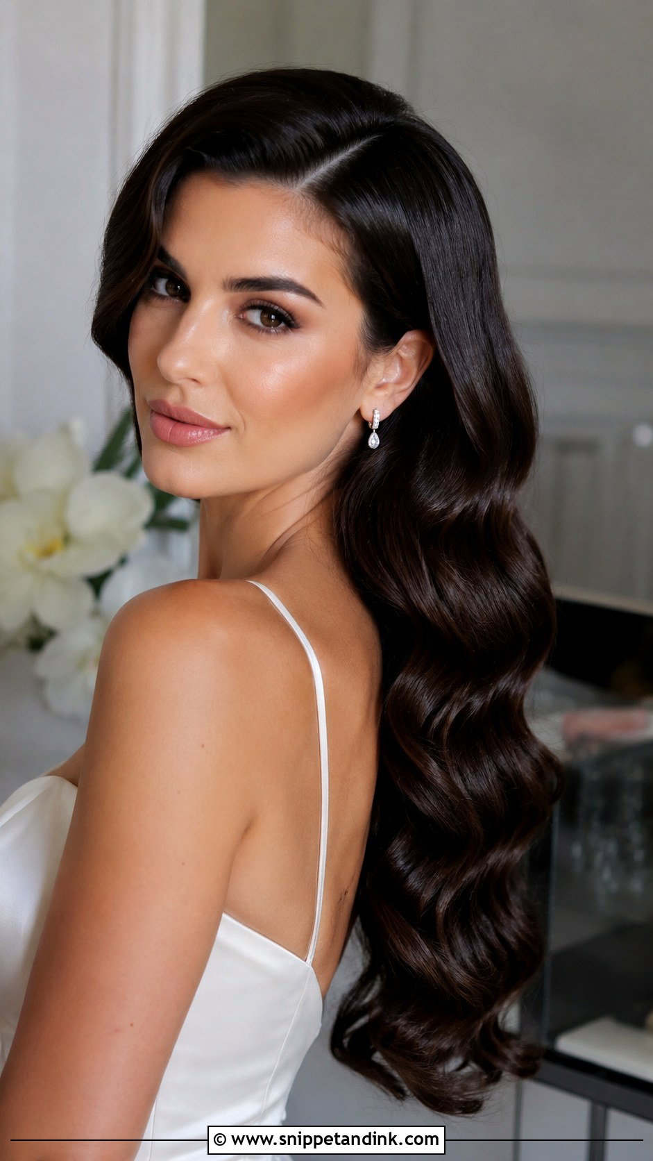 Long Brunette Bridal Hair Down With Hollywood Waves - Snippet and Ink - 15 Long Brunette Bridal Hair Down Ideas