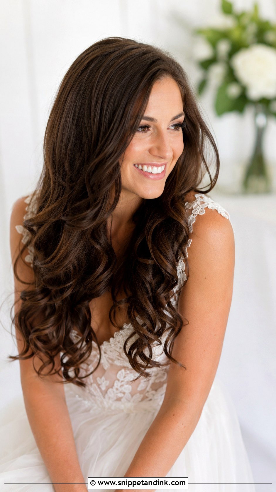 Long Brunette Bridal Hair Down With Loose Curls - Snippet and Ink - 15 Long Brunette Bridal Hair Down Ideas