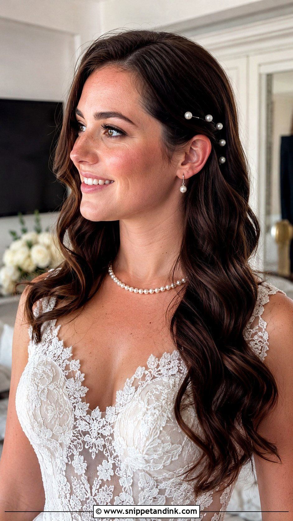 Long Brunette Bridal Hair Down With Pearl Pins - Snippet and Ink - 15 Long Brunette Bridal Hair Down Ideas