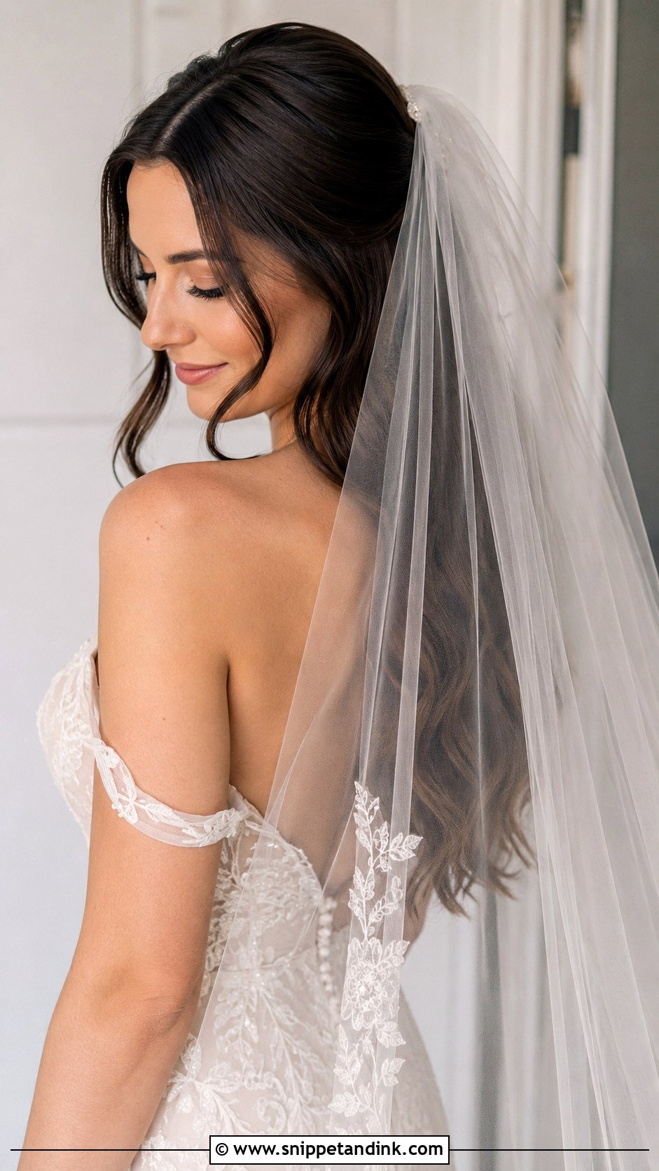 Long Brunette Bridal Hair Down With Veil - Snippet and Ink - 15 Long Brunette Bridal Hair Down Ideas