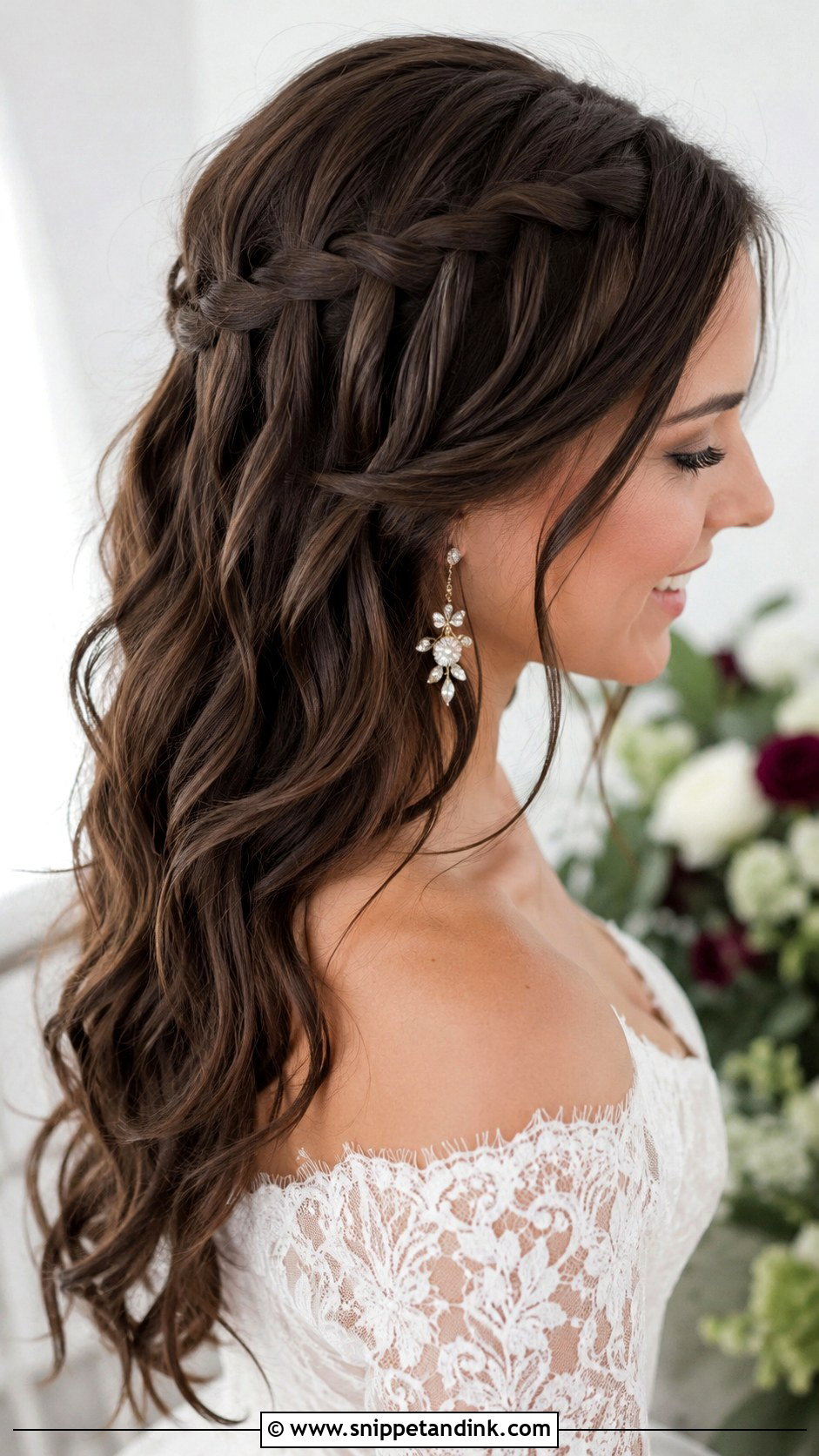 Long Brunette Bridal Hair Down With Waterfall Braid - Snippet and Ink - 15 Long Brunette Bridal Hair Down Ideas