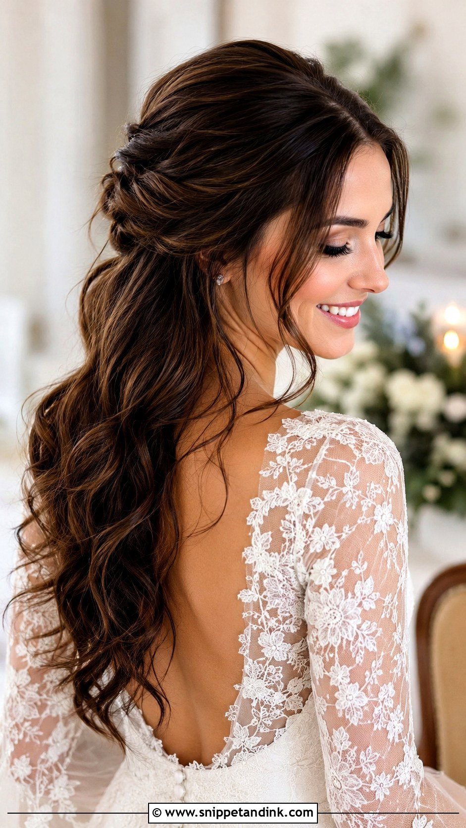 Long Brunette Wedding Hair Half Up Half Down - Snippet and Ink - 15 Long Brunette Wedding Hair Ideas