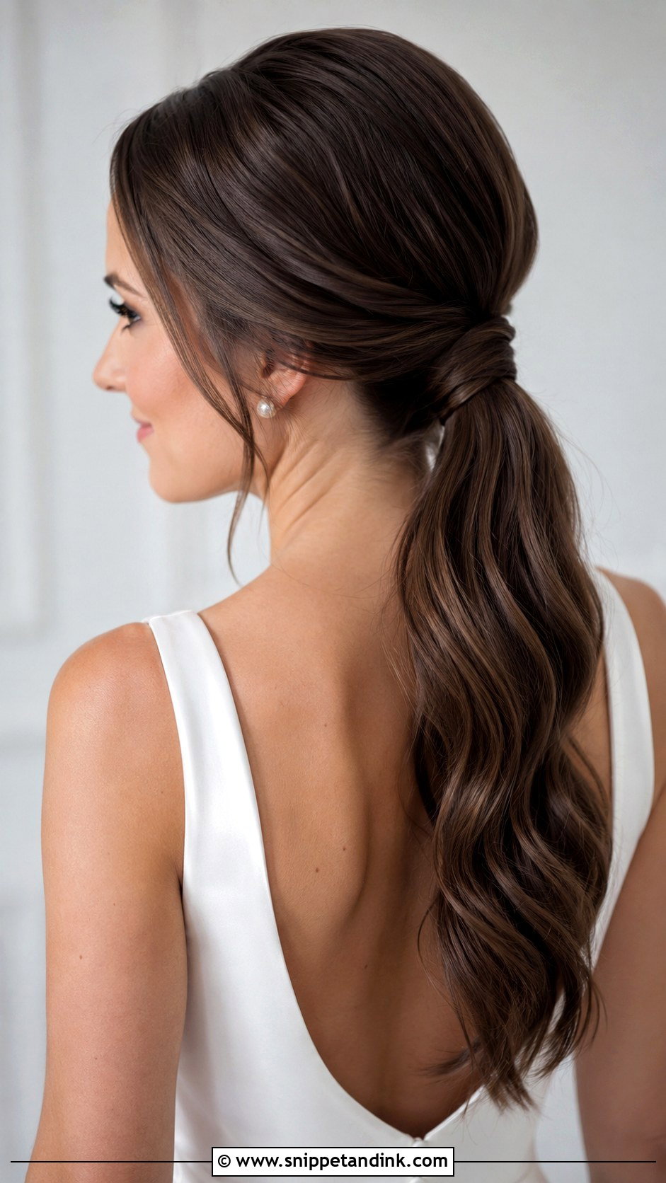 Long Brunette Wedding Hair Low Ponytail - Snippet and Ink - 15 Long Brunette Wedding Hair Ideas