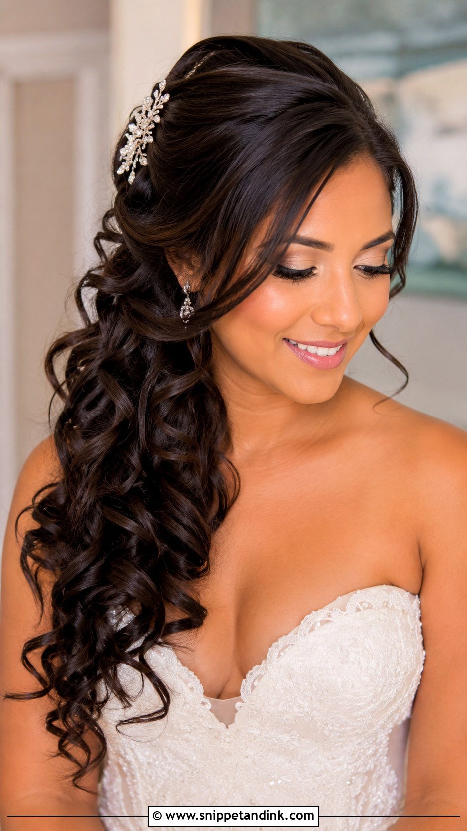 Long Brunette Wedding Hair Side Swept Curls - Snippet and Ink - 15 Long Brunette Wedding Hair Ideas
