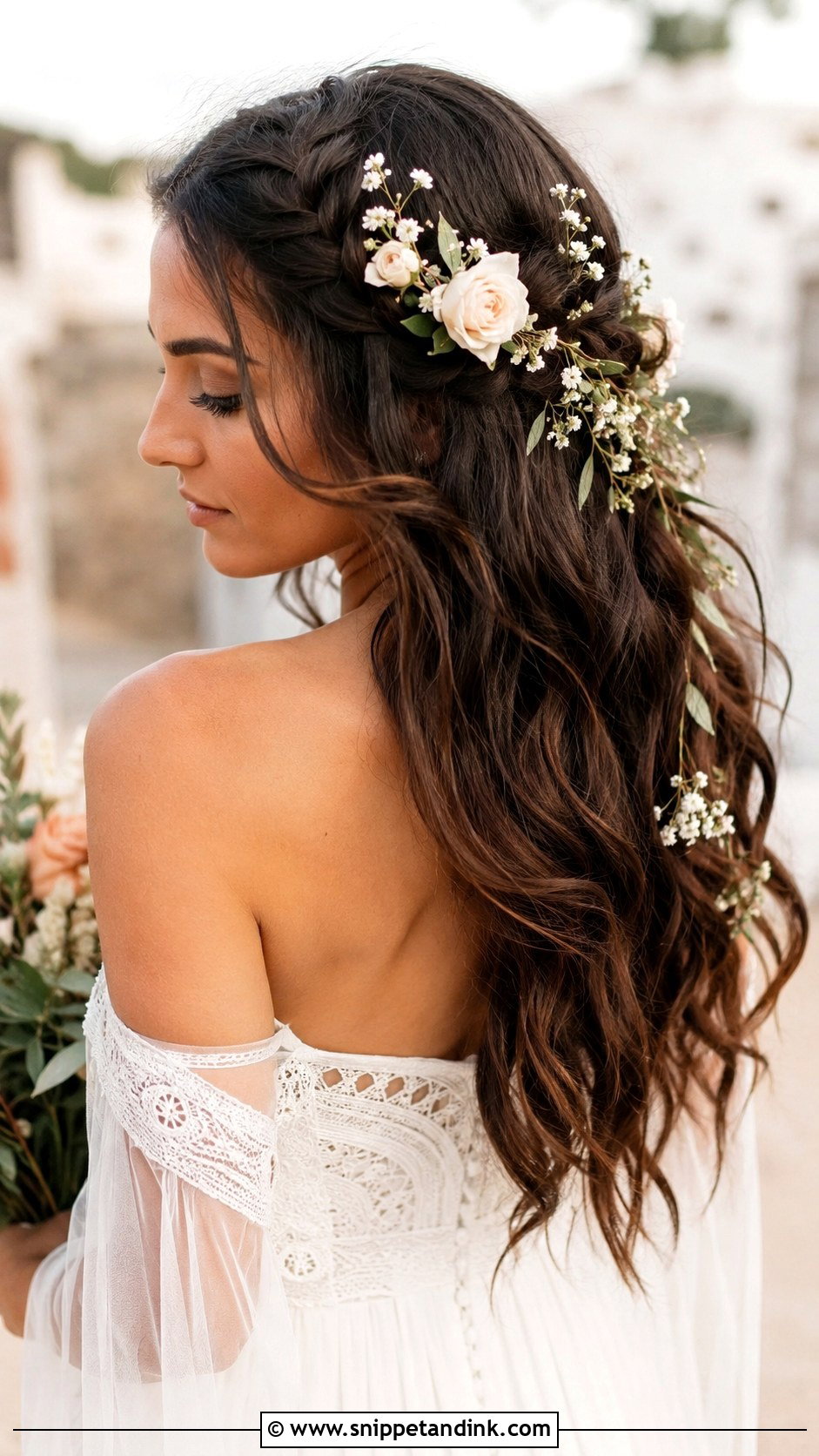 Long Brunette Wedding Hair With Flowers - Snippet and Ink - 15 Long Brunette Wedding Hair Ideas