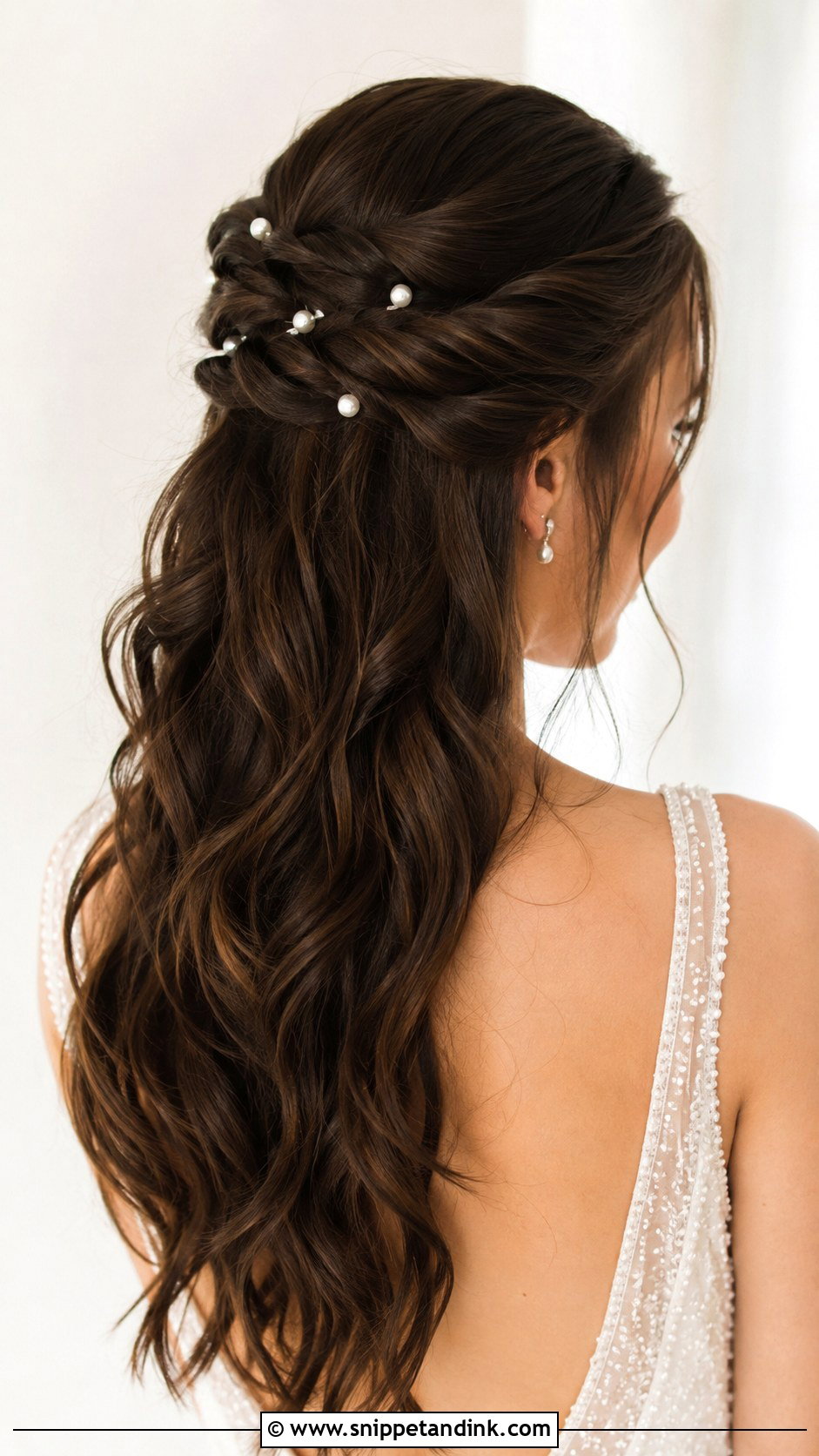 Long Brunette Wedding Hair With Pearl Pins - Snippet and Ink - 15 Long Brunette Wedding Hair Ideas