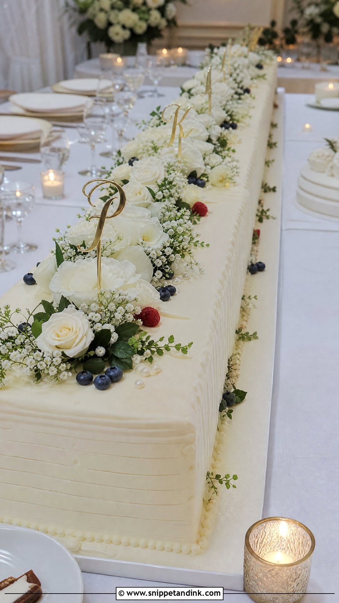 Long Cake Table Wedding Cake - Snippet and Ink - 20 Long Wedding Cake Ideas