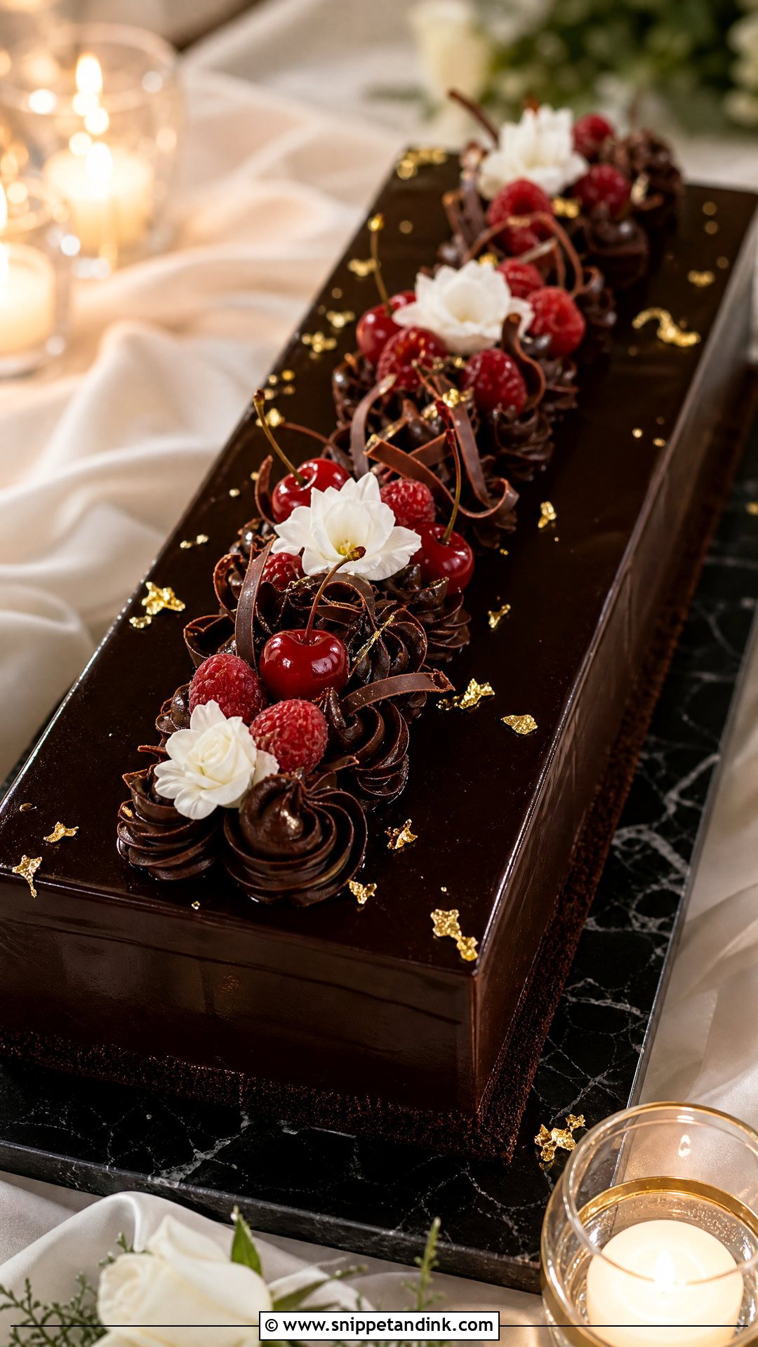 Long Chocolate Wedding Cake - Snippet and Ink - 20 Long Wedding Cake Ideas