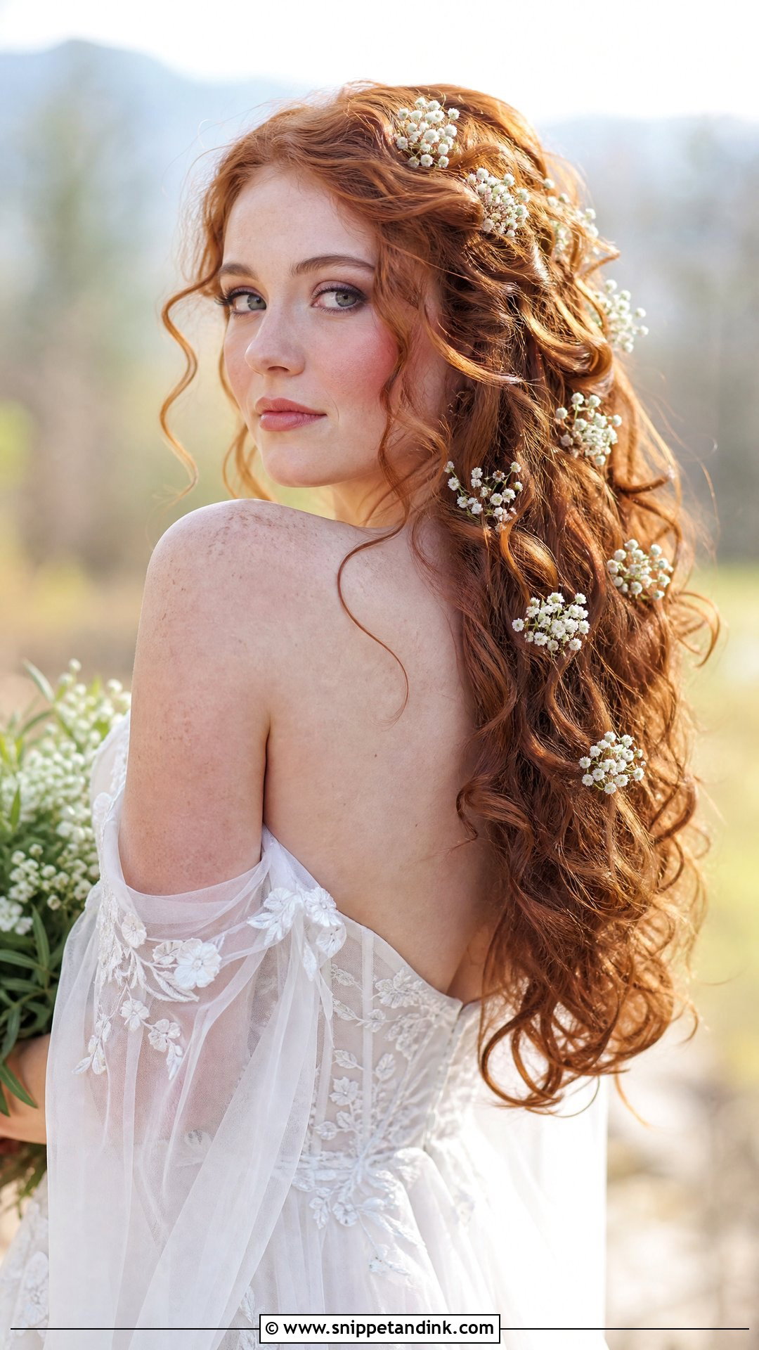 Long Curls With Babys Breath - Snippet and Ink - 20 Wedding Hair Down with Flowers