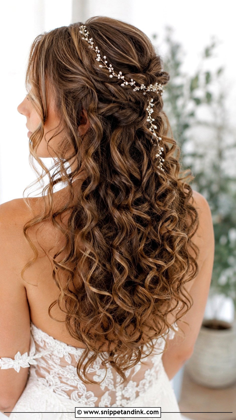 Long Curls With Delicate Hair Vine - Snippet and Ink - 25 Curly Hair Bride Hairstyles