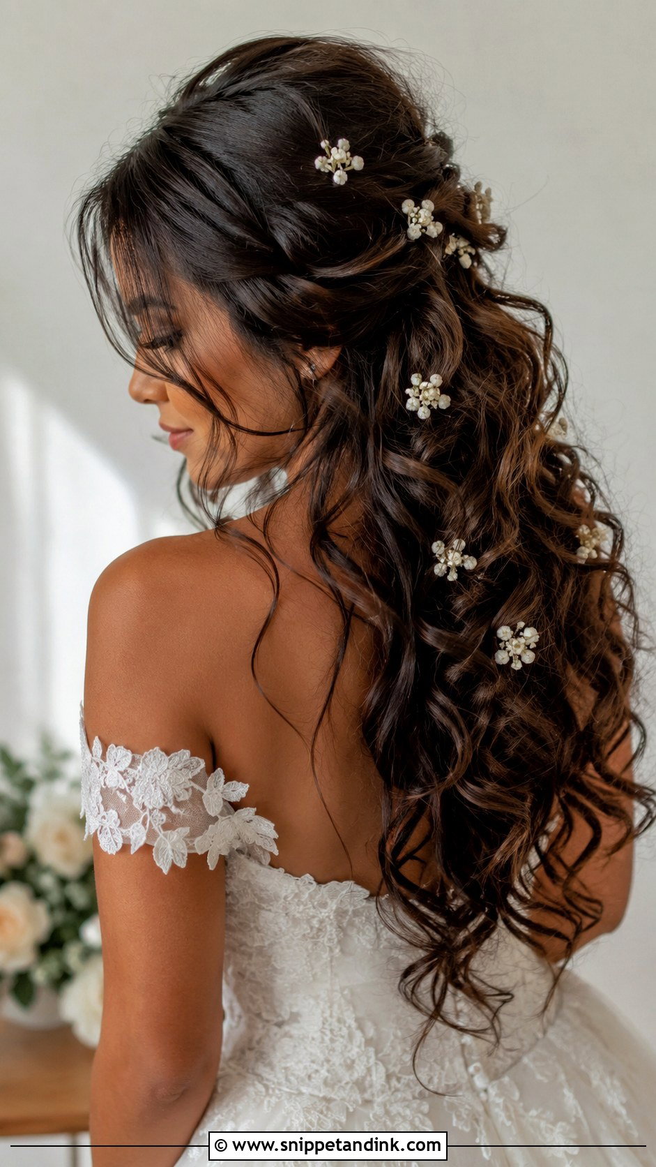 Long Curls With Floral Hair Pins - Snippet and Ink - 20 Long Curled Hairstyles for Wedding