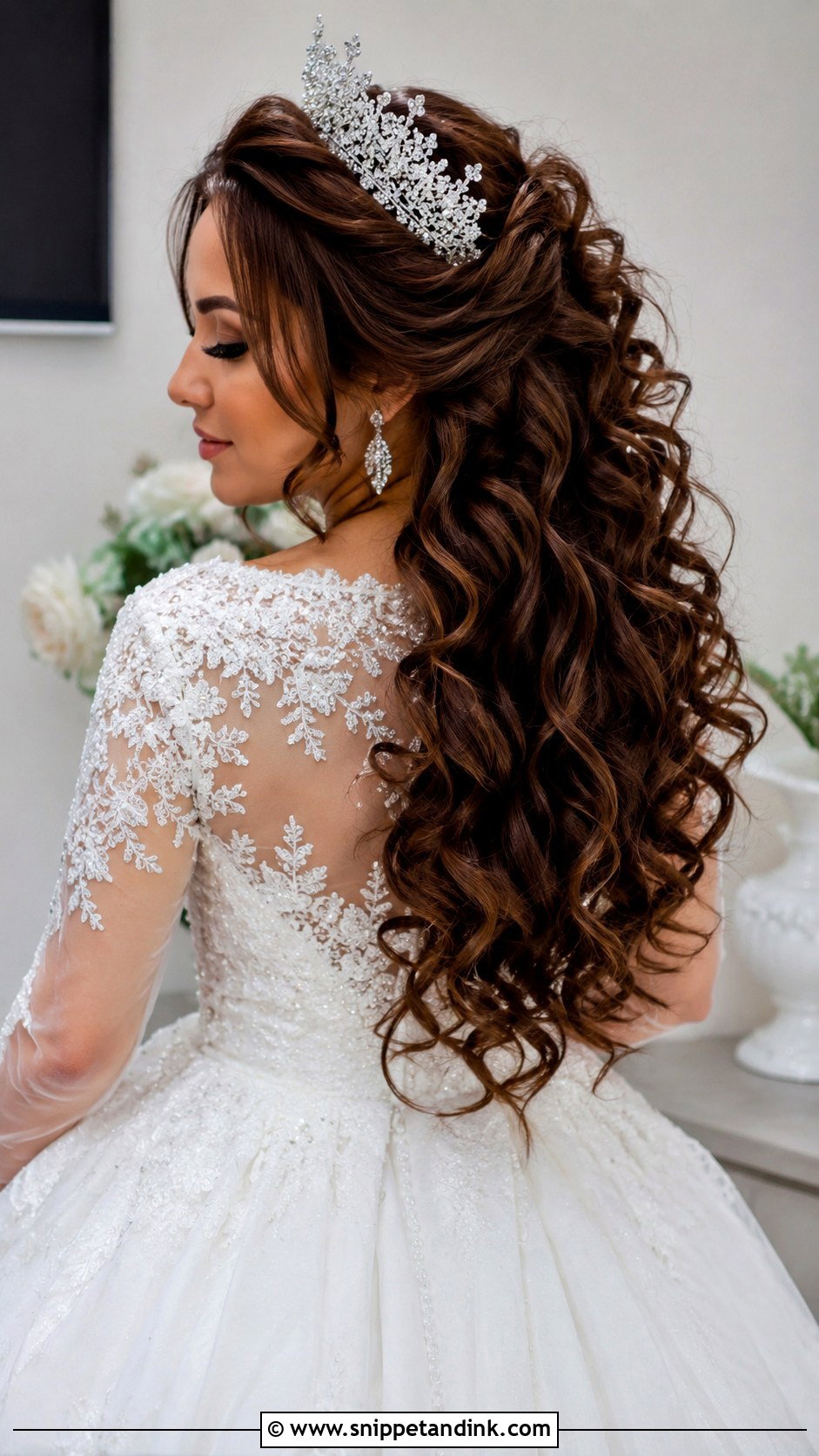 Long Curls With Statement Tiara - Snippet and Ink - 20 Bridal Hair Down with Headpiece Ideas