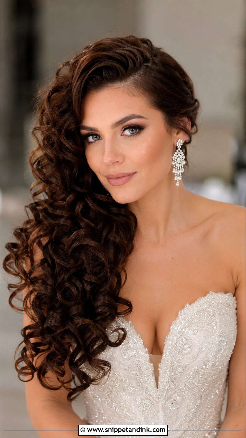 Long Curly Hair With Deep Side Part - Snippet and Ink - 20 Long Curly Bridal Hair Ideas