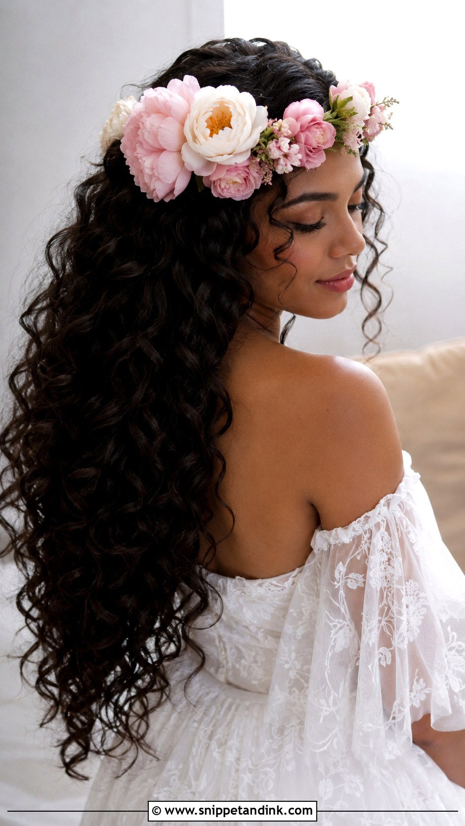 Long Curly Hair With Flower Crown - Snippet and Ink - 20 Wedding Hair with Flower Crown Ideas