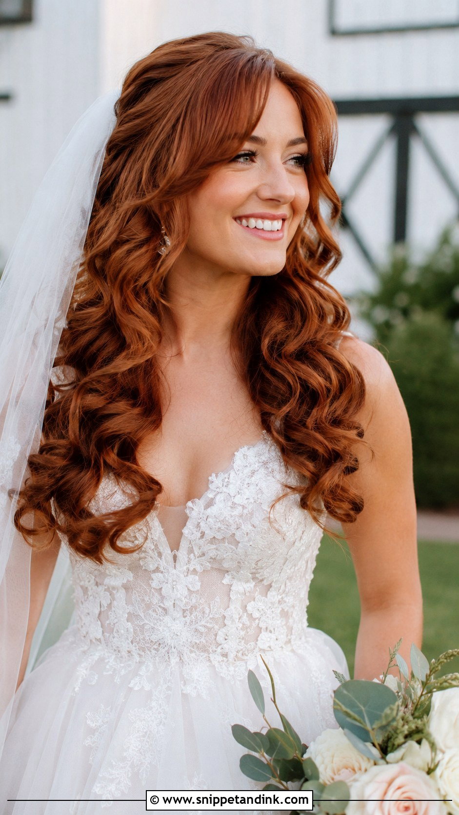 Long Curtain Bangs With Curls - Snippet and Ink - 30 Wedding Hair with Bangs Ideas