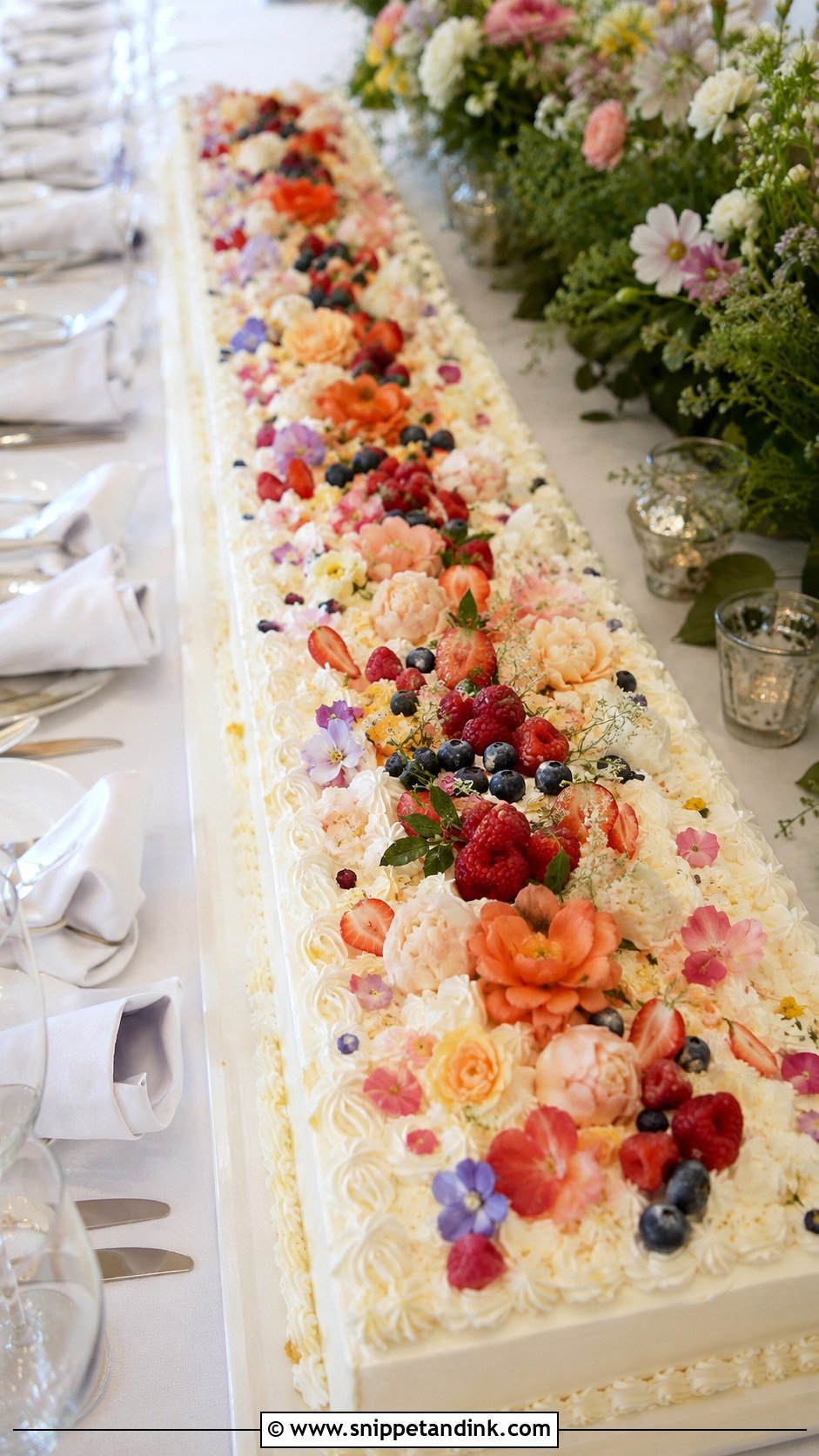 Long Floral Sheet Cake For Wedding - Snippet and Ink - 20 Aesthetic Sheet Cake Ideas for Wedding