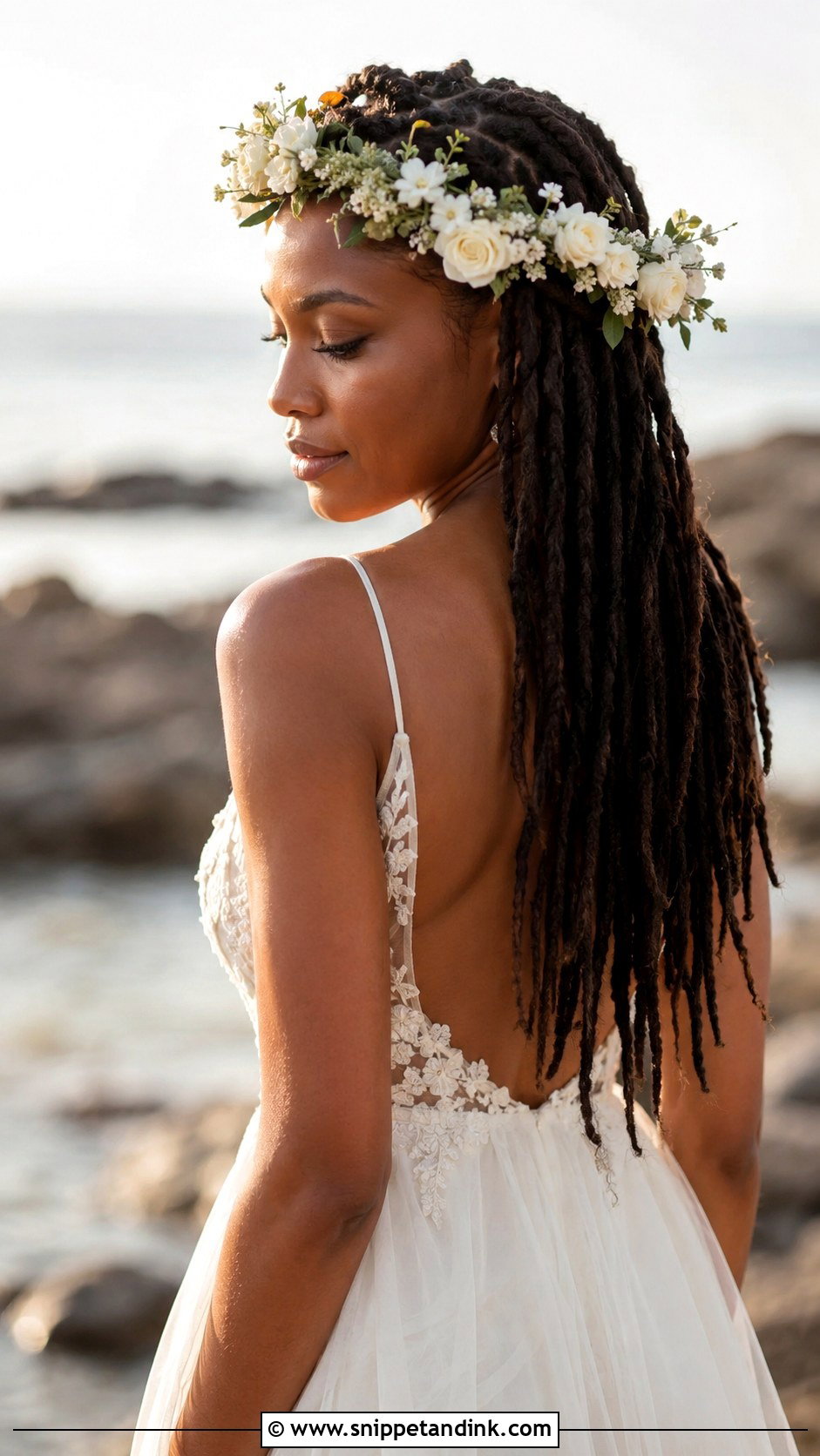 Long Flowing Locs With Floral Headband - Snippet and Ink - 30 Dreadlock Wedding Hairstyles