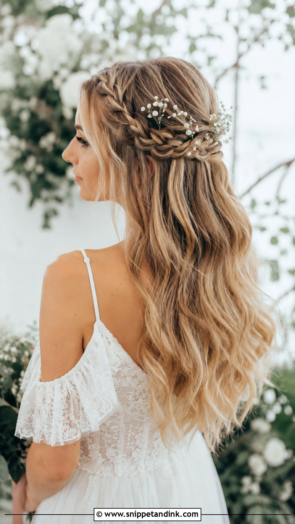 Long Flowing Waves With Half Crown Braid - Snippet and Ink - 20 Bridal Hair Front View Ideas