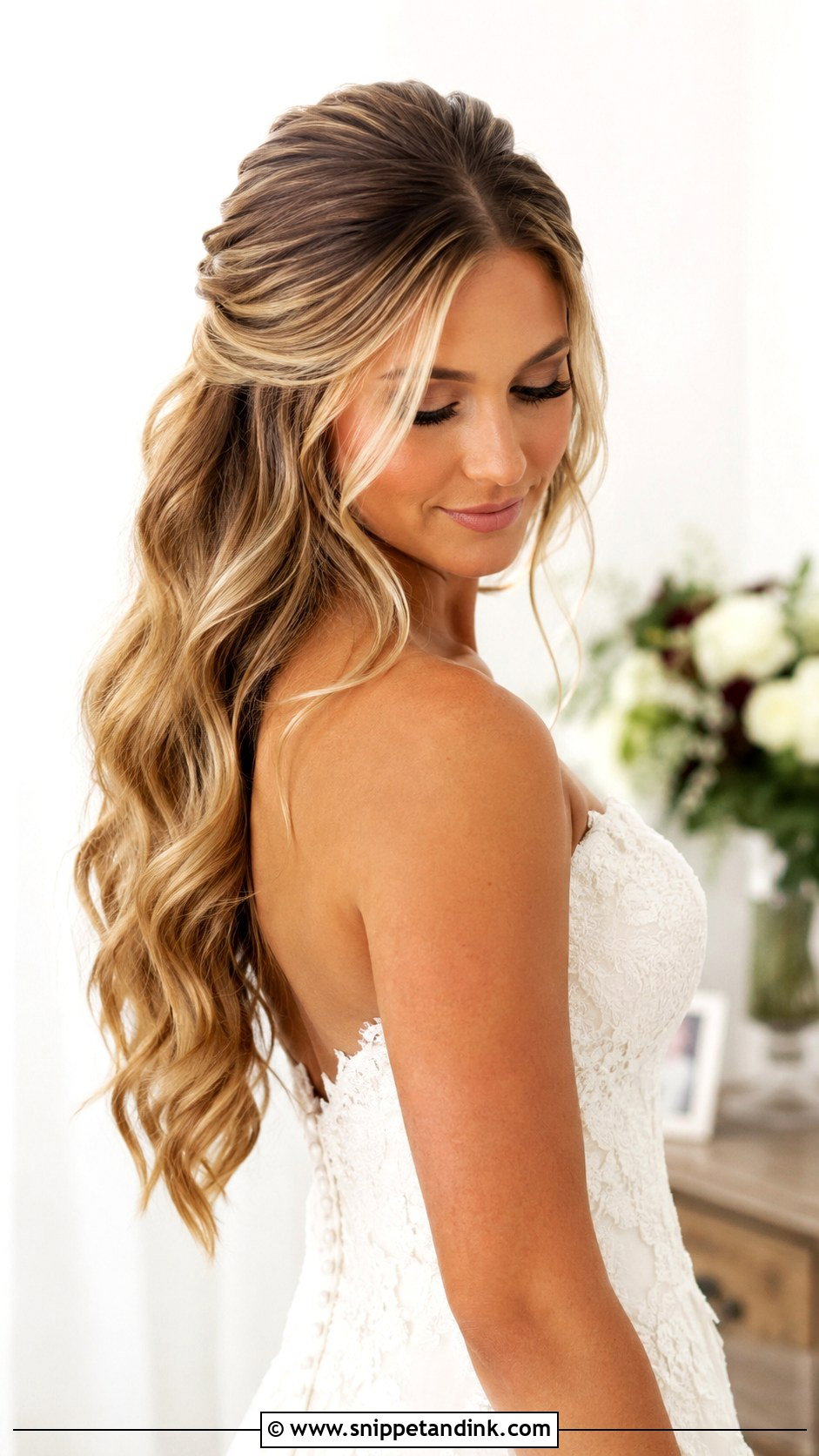 Long Flowing Waves With a Sleek Crown - Snippet and Ink - 20 Sleek Bridal Hair Down Ideas