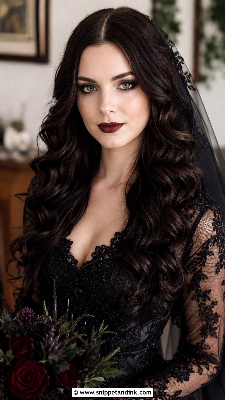 Long Gothic Waves With Center Part - Snippet and Ink - 20 Gothic Wedding Hair Ideas