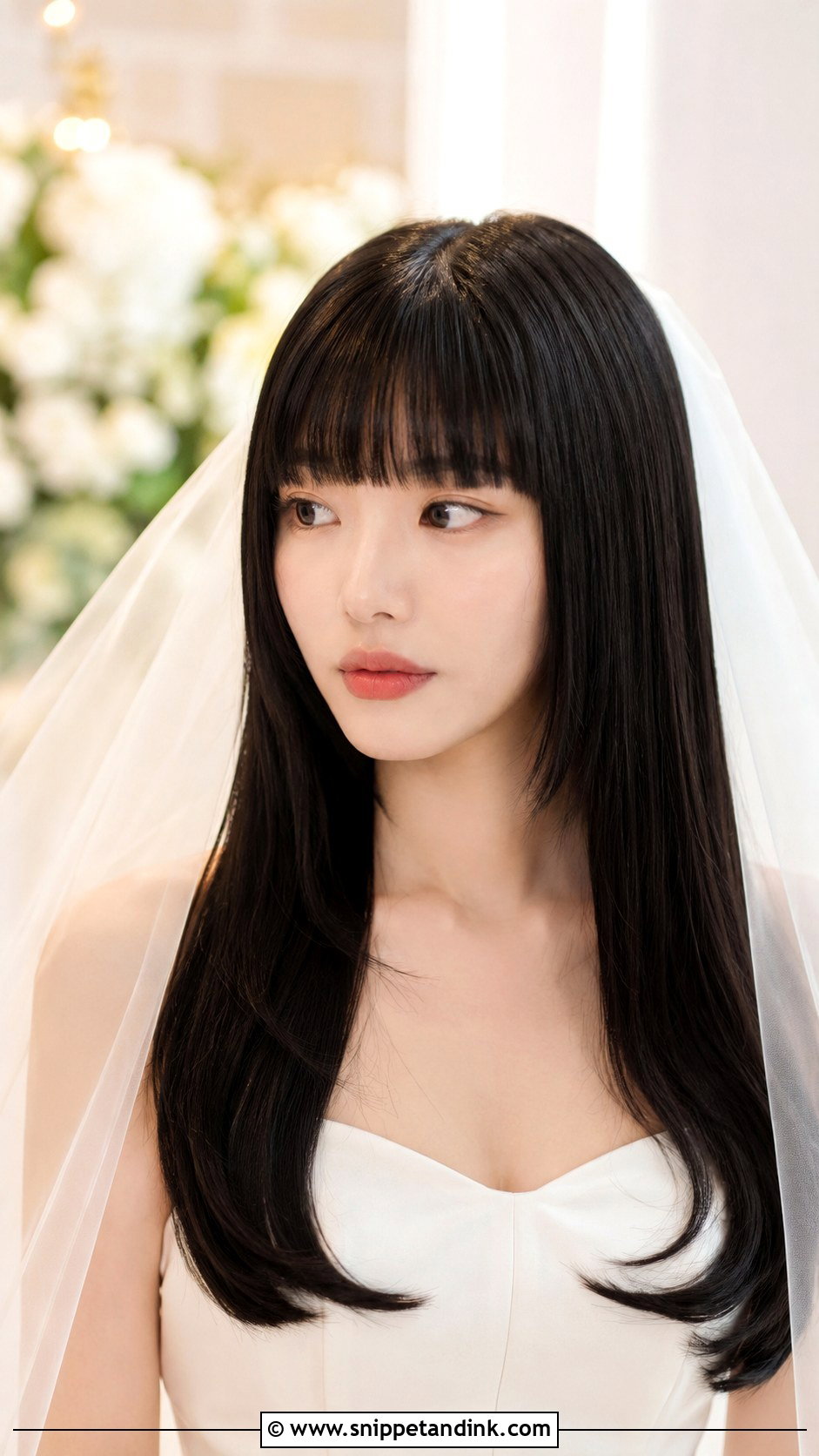 Long Hair Blunt Bangs Wedding Hairstyle - Snippet and Ink - 15 Long Hair Bangs Wedding Hairstyles