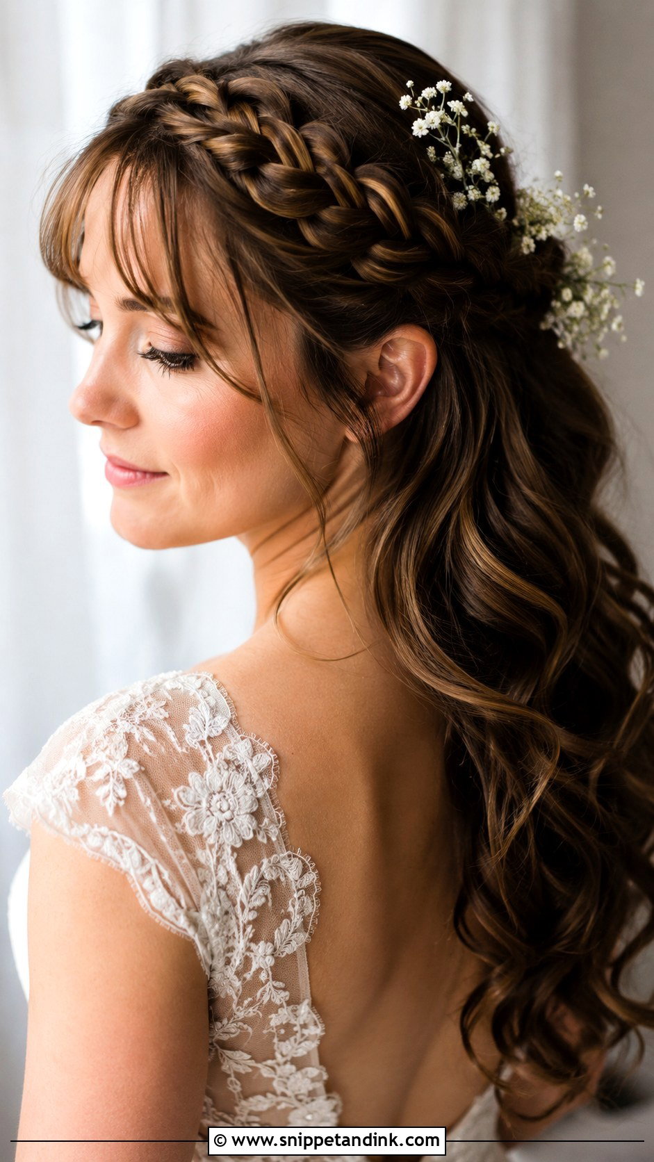 Long Hair Braided Crown Bangs Wedding Hairstyle - Snippet and Ink - 15 Long Hair Bangs Wedding Hairstyles