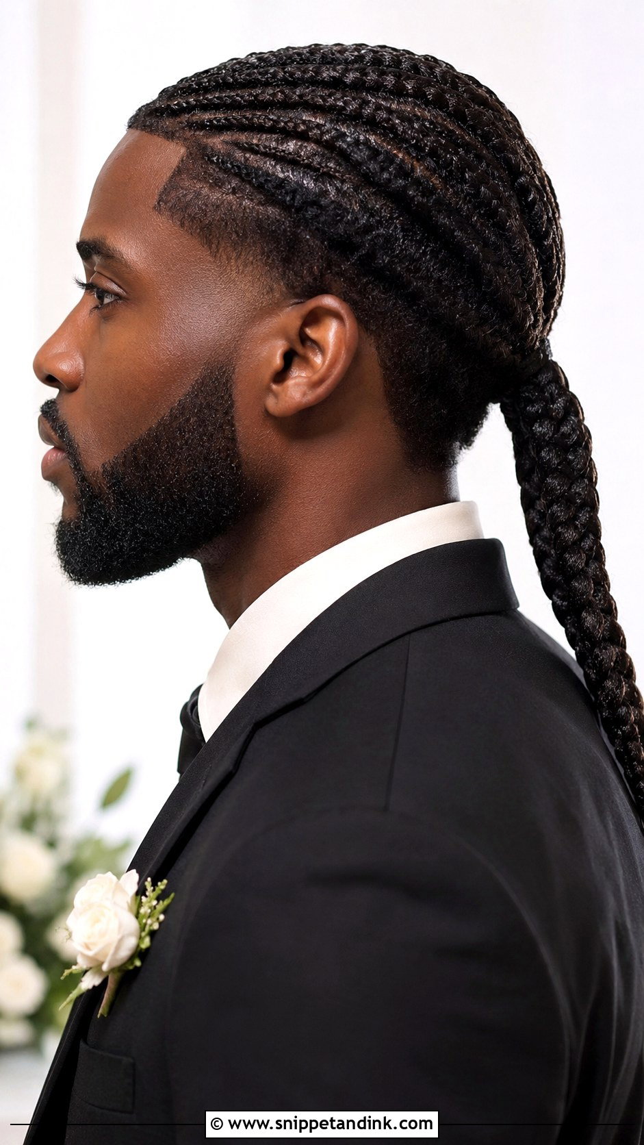 Long Hair Groom Braided Ponytail - Snippet and Ink - 15 Long Hair Groom Wedding Ideas