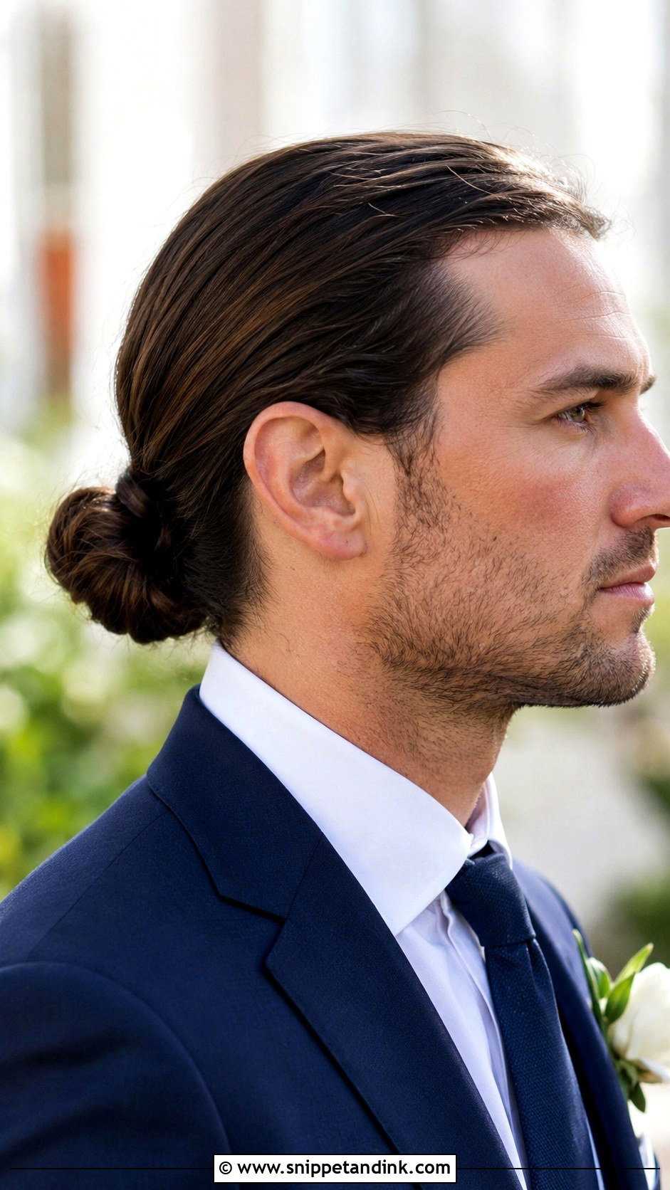 Long Hair Groom Low Bun - Snippet and Ink - 15 Long Hair Groom Wedding Ideas