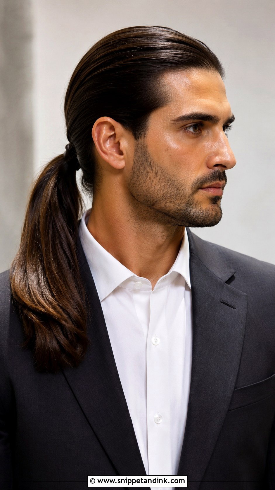Long Hair Groom Sleek Ponytail - Snippet and Ink - 15 Long Hair Groom Wedding Ideas