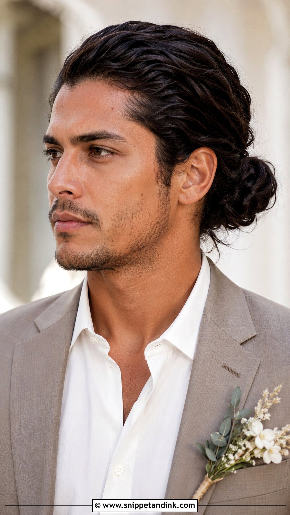 Long Hair Groom Textured Bun - Snippet and Ink - 15 Long Hair Groom Wedding Ideas