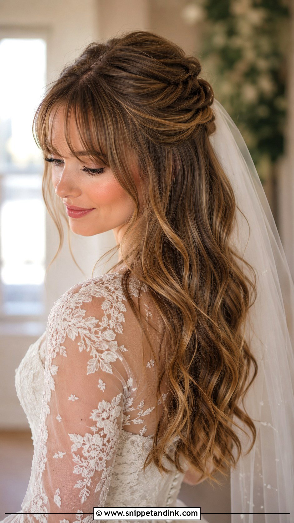 Long Hair Half Up Bangs Wedding Hairstyle - Snippet and Ink - 15 Long Hair Bangs Wedding Hairstyles