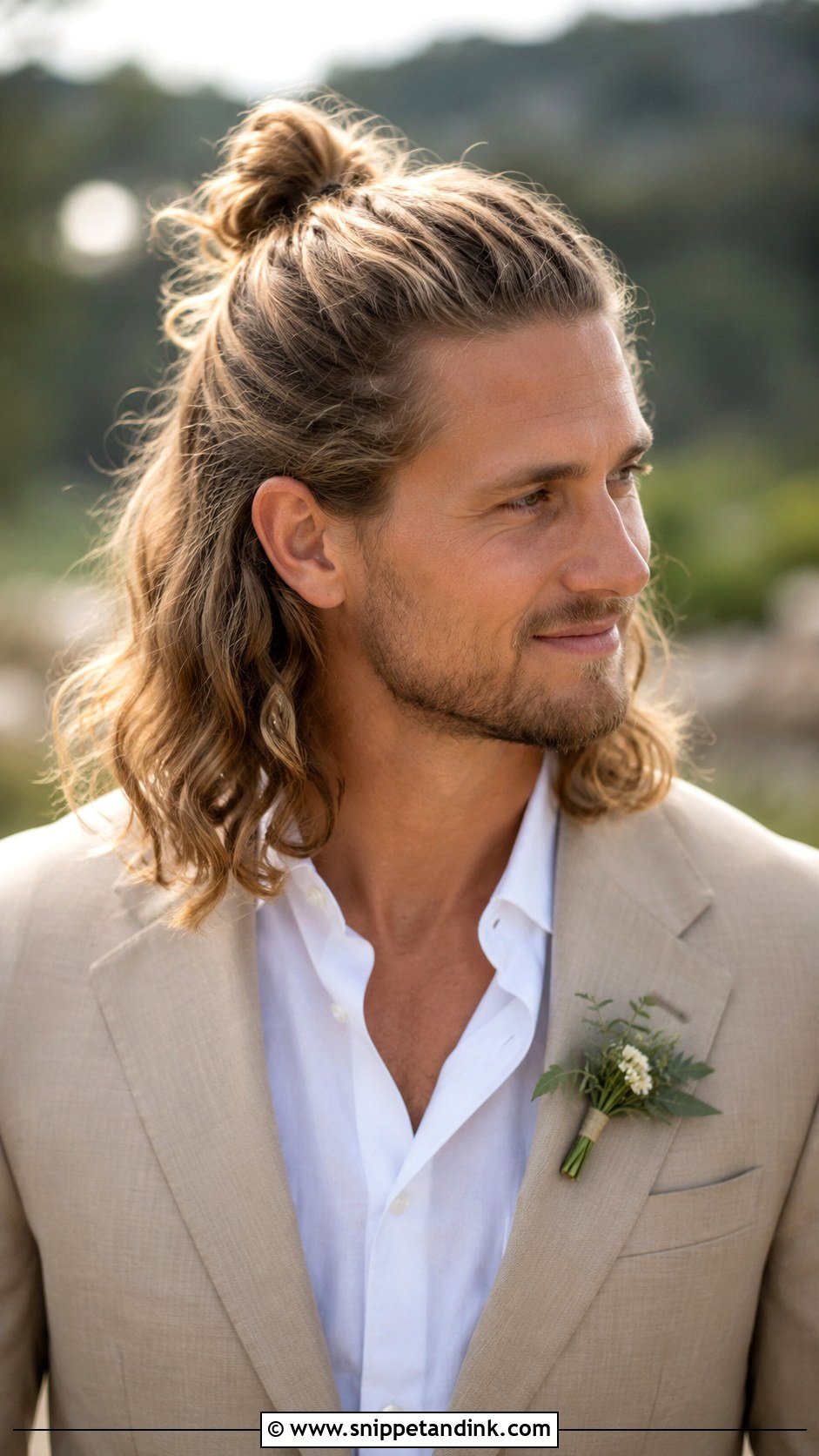 Long Hair Half Up Groom Hairstyle - Snippet and Ink - 15 Long Hair Men Groom Wedding Hairstyle Ideas