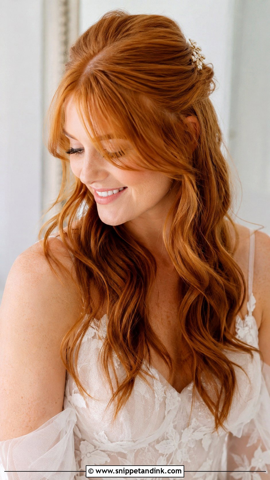 Long Hair Half Up Half Down Wedding Hair With Curtain Bangs - Snippet and Ink - 15 Long Hair Half-Up Half-Down Wedding Hairstyles