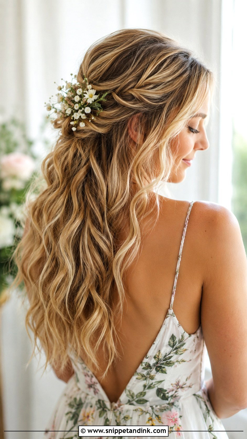 Long Hair Half Up Half Down Wedding Hair With Flowers - Snippet and Ink - 15 Long Hair Half-Up Half-Down Wedding Hairstyles