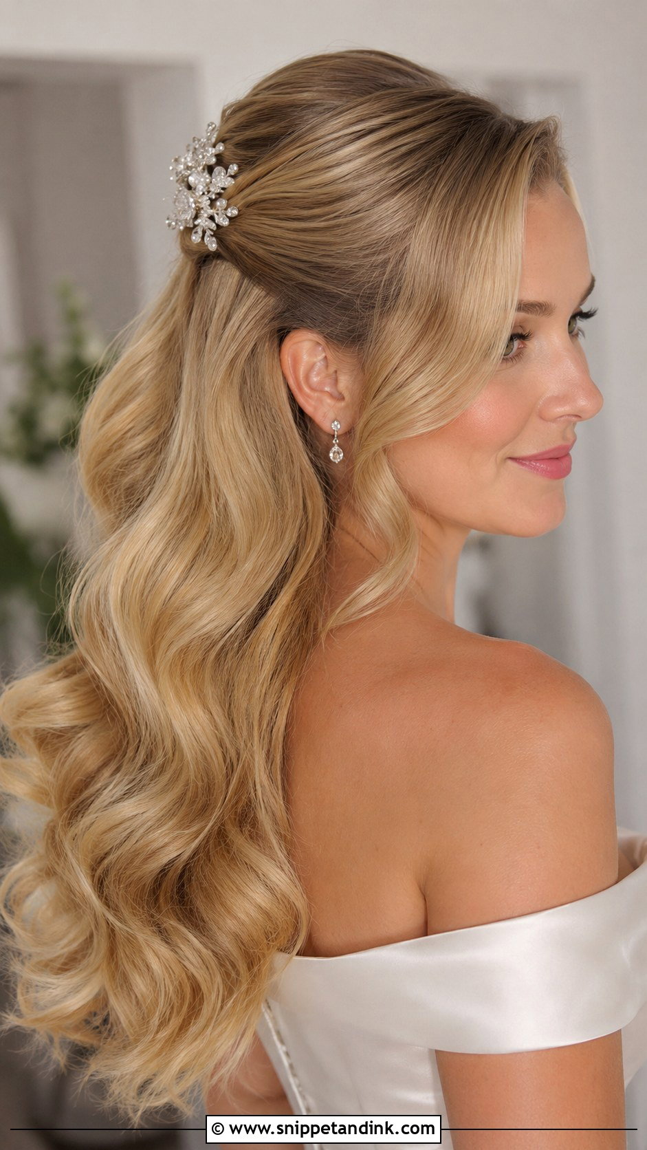 Long Hair Half Up Half Down Wedding Hair With Hollywood Waves - Snippet and Ink - 15 Long Hair Half-Up Half-Down Wedding Hairstyles